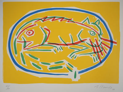 LLIMOS ROBERT : Chat et Poisson, 1987 - Lithographie (détail)