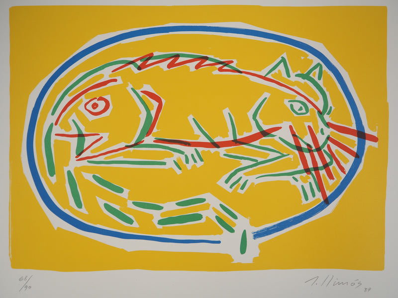 LLIMOS ROBERT : Chat et Poisson, 1987 - Lithographie (détail)