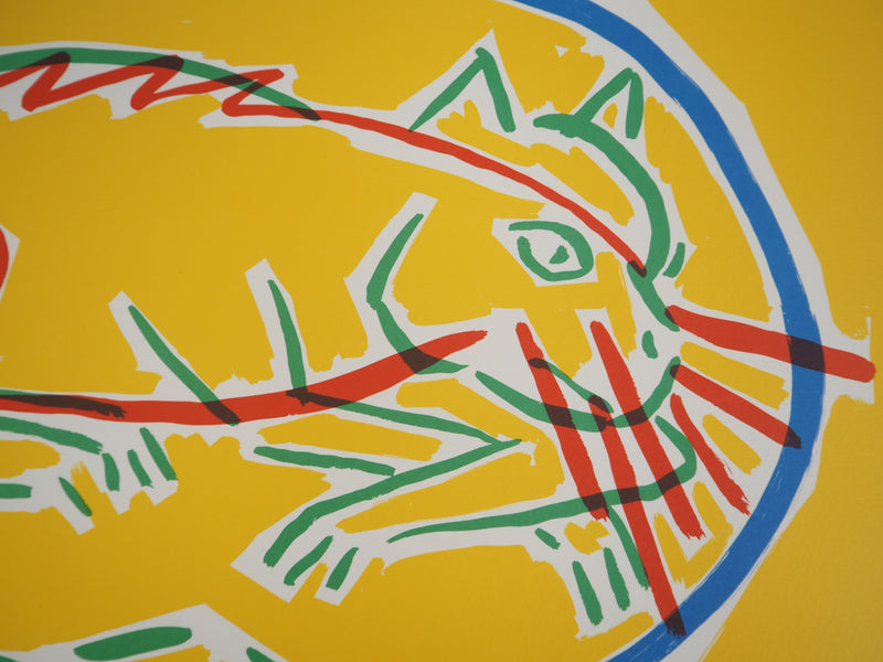 LLIMOS ROBERT : Chat et Poisson, 1987 - Lithographie (détail)