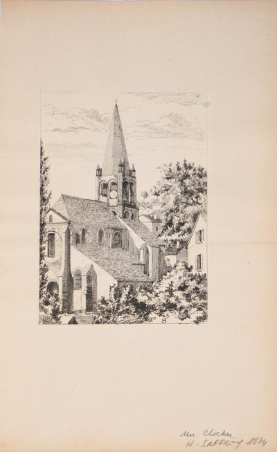 Henri Alexandre SAFFREY : Un clocher - Gravure (détail)