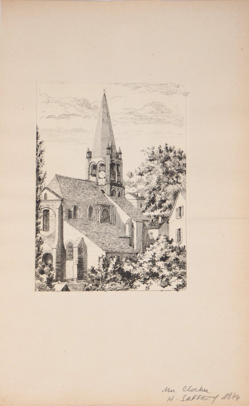 Henri Alexandre SAFFREY : Un clocher - Gravure (détail)