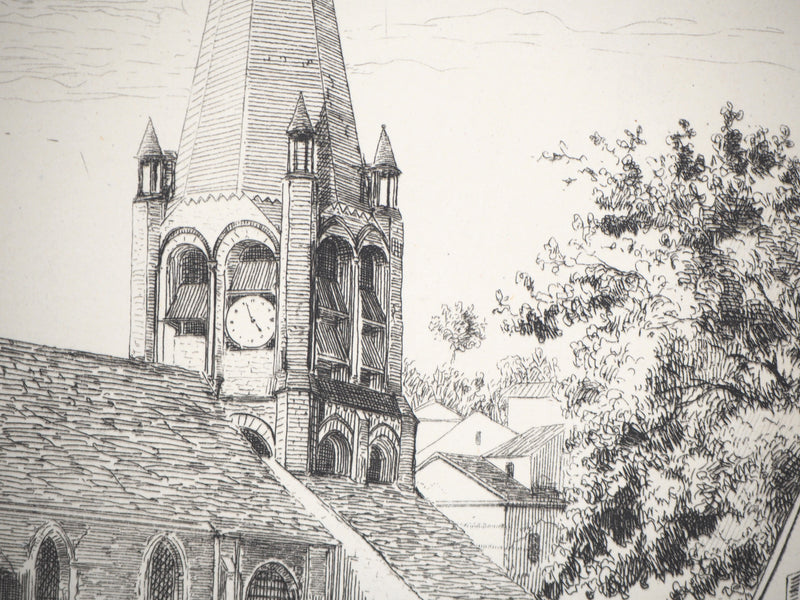 Henri Alexandre SAFFREY : Un clocher - Gravure (détail)