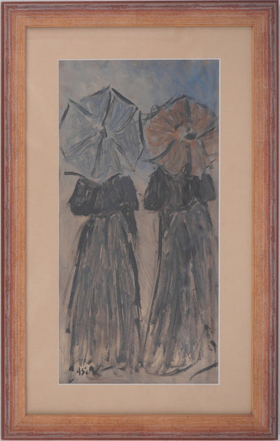 Henry SAINT CLAIR : Normandie : Jeunes femmes à l'ombrelle sur la plage - Tableau
