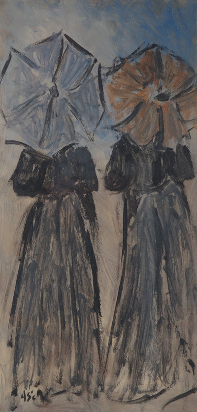 Henry SAINT CLAIR : Normandie : Jeunes femmes à l'ombrelle sur la plage - Tableau (détail)