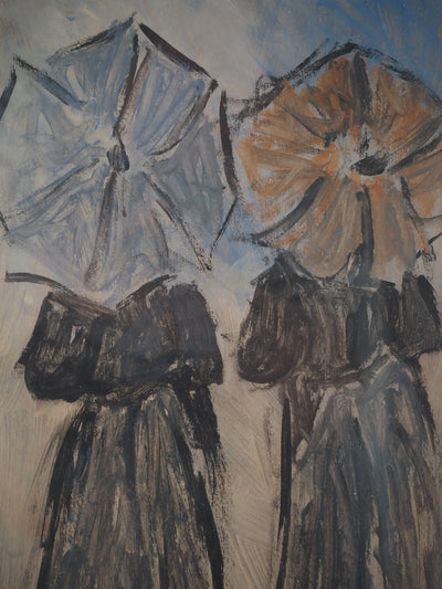 Henry SAINT CLAIR : Normandie : Jeunes femmes à l'ombrelle sur la plage - Tableau (détail)