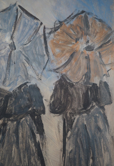 Henry SAINT CLAIR : Normandie : Jeunes femmes à l'ombrelle sur la plage - Tableau (détail)