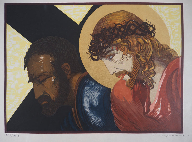 François-Louis SCHMIED : Christ sur le chemin de Croix (Vers la Golgotha) - Gravure sur bois (détail)