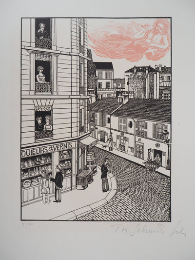 Théo SCHMIED : Paris, Le Génie de la rue Hallé, 1928 - Gravure sur bois