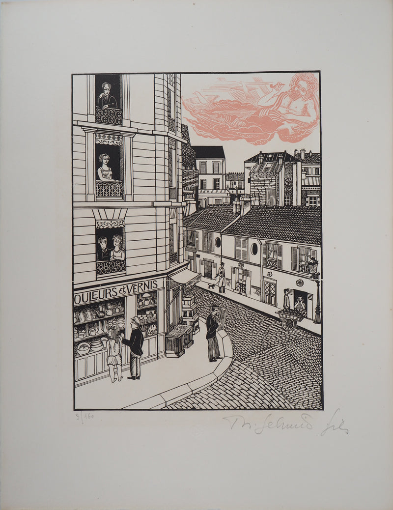 Théo SCHMIED : Paris, Le Génie de la rue Hallé, 1928 - Gravure sur bois (détail)