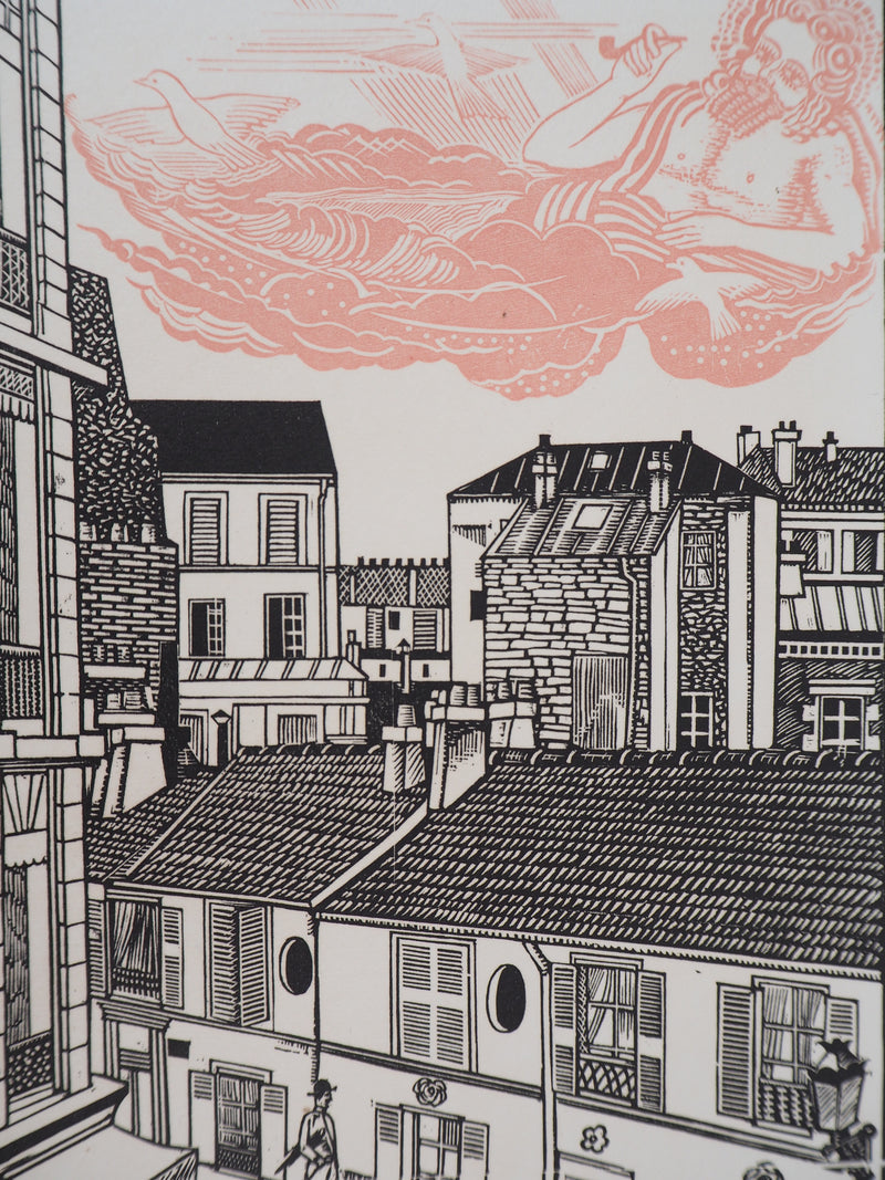 Théo SCHMIED : Paris, Le Génie de la rue Hallé, 1928 - Gravure sur bois (détail)