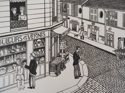 Théo SCHMIED : Paris, Le Génie de la rue Hallé, 1928 - Gravure sur bois (détail)