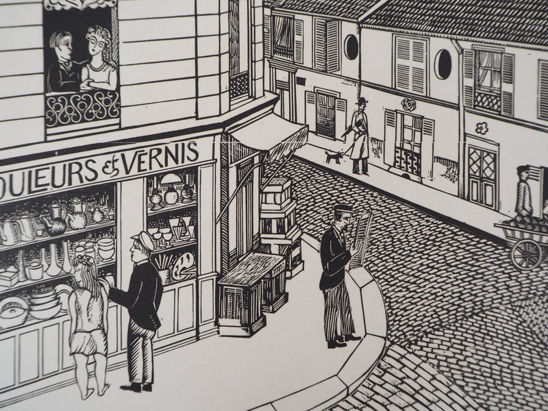 Théo SCHMIED : Paris, Le Génie de la rue Hallé, 1928 - Gravure sur bois (détail)
