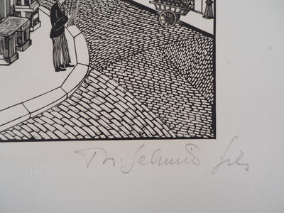Théo SCHMIED : Paris, Le Génie de la rue Hallé, 1928 - Gravure sur bois (détail)