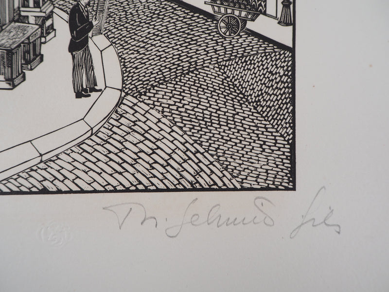 Théo SCHMIED : Paris, Le Génie de la rue Hallé, 1928 - Gravure sur bois (détail)