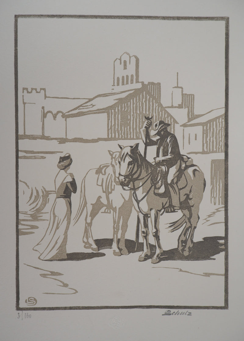 Léon SCHULZ : Camargue, Après la ferrade, 1925 - Gravure sur bois