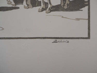 Léon SCHULZ : Camargue, Après la ferrade, 1925 - Gravure sur bois (détail)