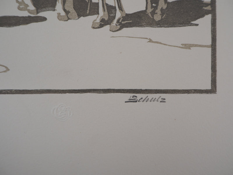 Léon SCHULZ : Camargue, Après la ferrade, 1925 - Gravure sur bois (détail)