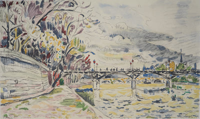 Paul SIGNAC : Paris : La Passerelle des Arts vue des Quais de la Seine - Lithographie (détail)