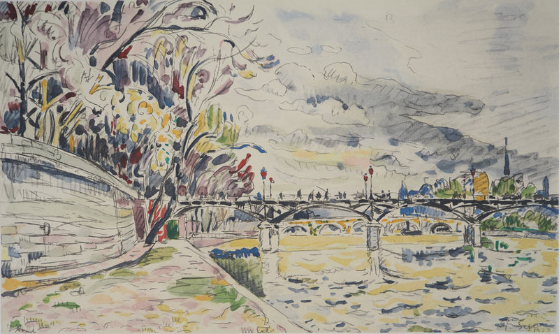 Paul SIGNAC : Paris : La Passerelle des Arts vue des Quais de la Seine - Lithographie (détail)