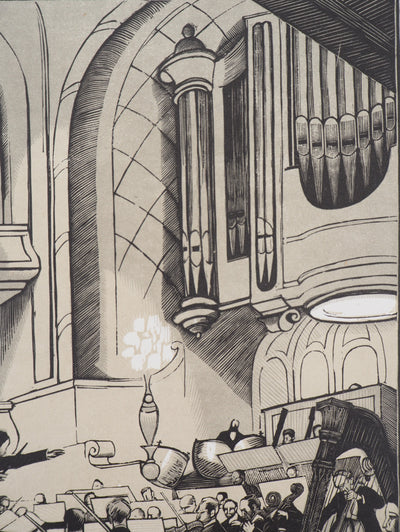 Fernand SIMEON : Le concert, 1920 - Gravure sur bois (détail)
