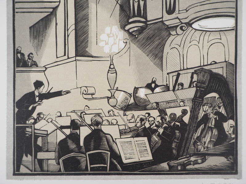 Fernand SIMEON : Le concert, 1920 - Gravure sur bois (détail)