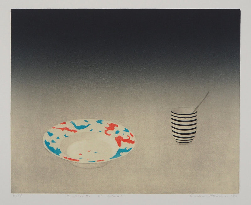 Florence SINCLAIR-MAHDAVI : Assiette et gobelet, 1985 - Gravure