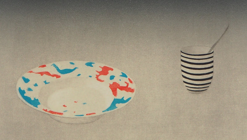 Florence SINCLAIR-MAHDAVI : Assiette et gobelet, 1985 - Gravure (détail)