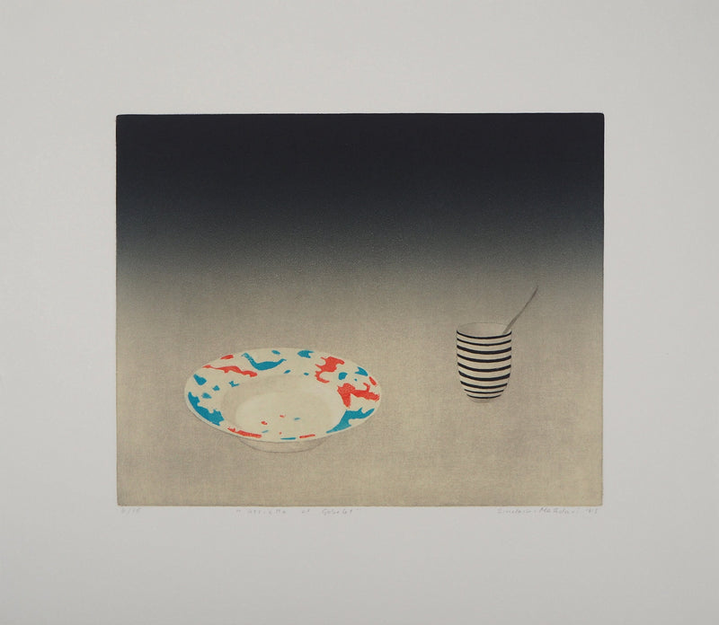Florence SINCLAIR-MAHDAVI : Assiette et gobelet, 1985 - Gravure (détail)