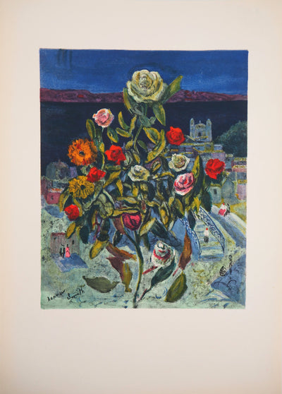 Francis SMITH : Bouquet sur village méditerranéen, 1958 - Lithographie