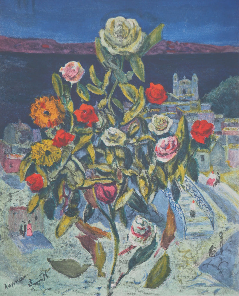 Francis SMITH : Bouquet sur village méditerranéen, 1958 - Lithographie (détail)