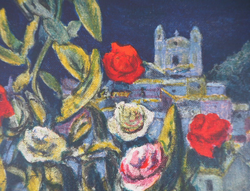 Francis SMITH : Bouquet sur village méditerranéen, 1958 - Lithographie (détail)