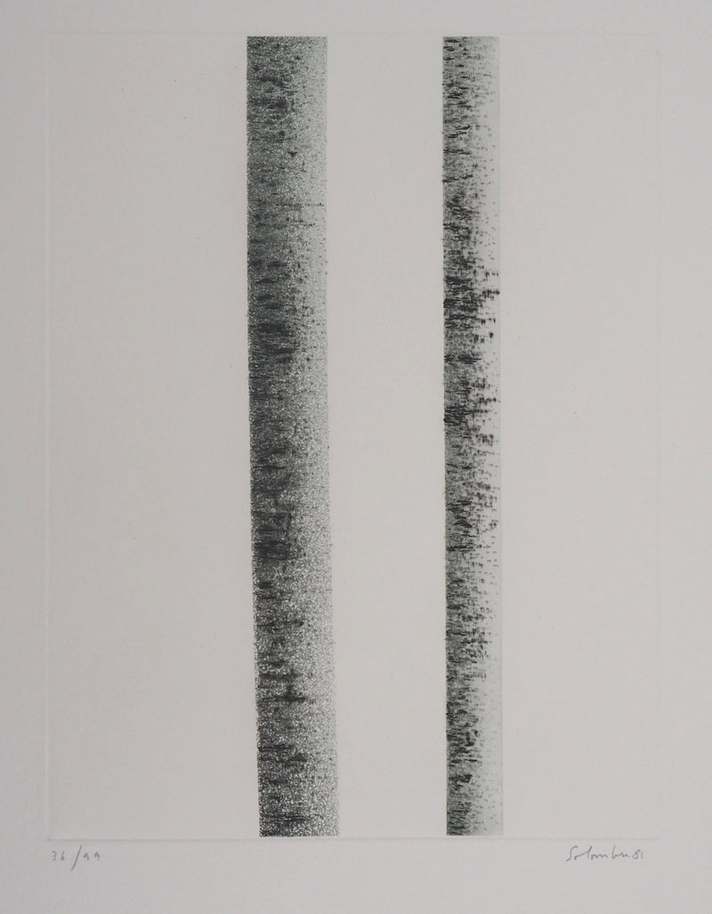Jean SOLOMBRE : Troncs de bouleaux à deux, 1981 - Gravure (détail)