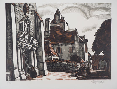Louis SOULAS : Dordogne, la Place à Domme, 1928 - Gravure sur bois
