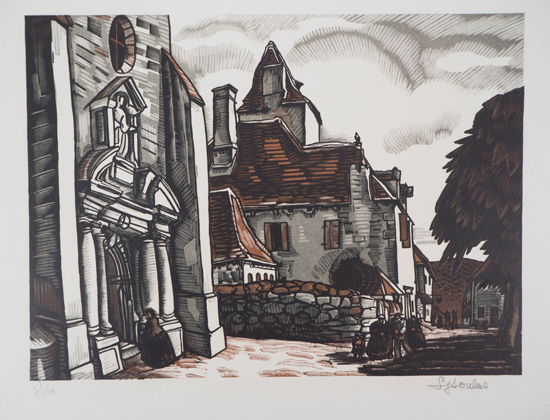 Louis SOULAS : Dordogne, la Place à Domme, 1928 - Gravure sur bois