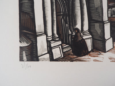 Louis SOULAS : Dordogne, la Place à Domme, 1928 - Gravure sur bois (détail)