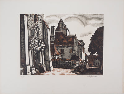 Louis SOULAS : Dordogne, la Place à Domme, 1928 - Gravure sur bois (détail)