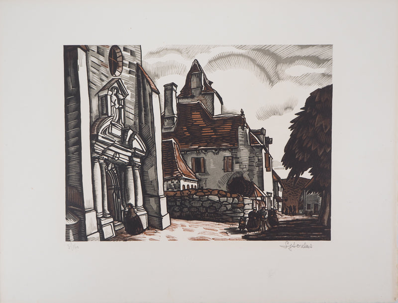 Louis SOULAS : Dordogne, la Place à Domme, 1928 - Gravure sur bois (détail)