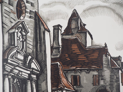 Louis SOULAS : Dordogne, la Place à Domme, 1928 - Gravure sur bois (détail)