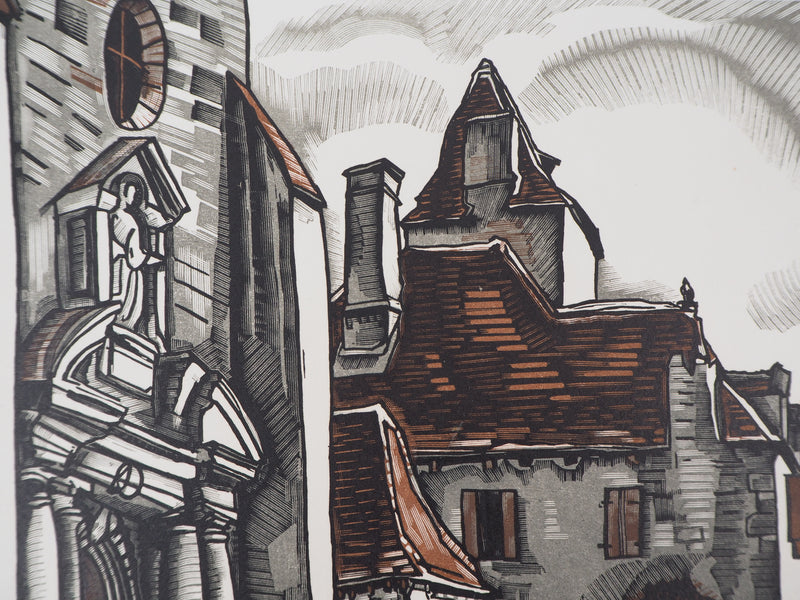 Louis SOULAS : Dordogne, la Place à Domme, 1928 - Gravure sur bois (détail)