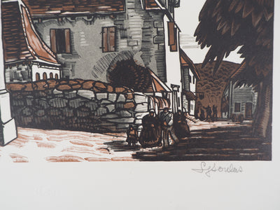 Louis SOULAS : Dordogne, la Place à Domme, 1928 - Gravure sur bois (détail)