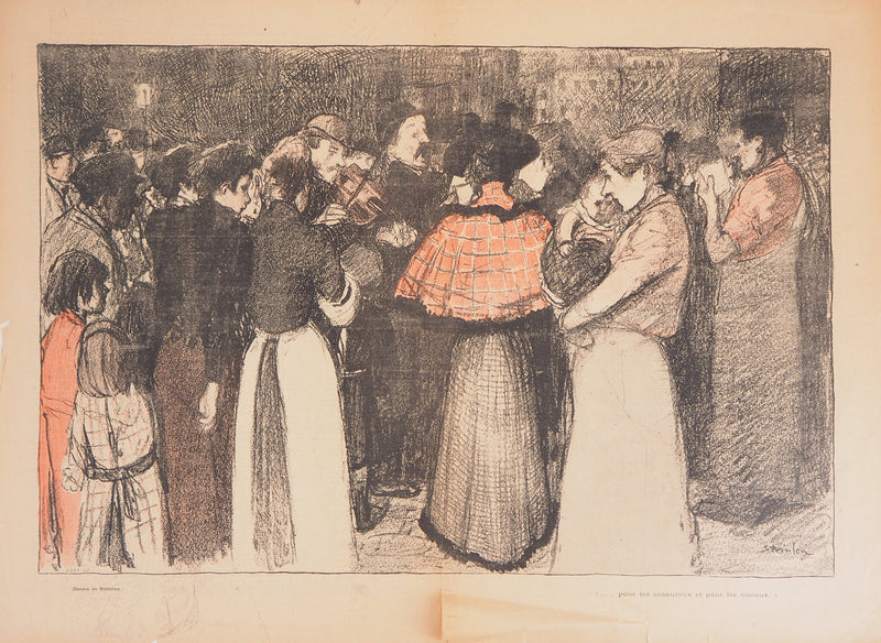 Théophile Alexandre STEINLEN : La foule écoutant le violoniste - Lithographie (détail)