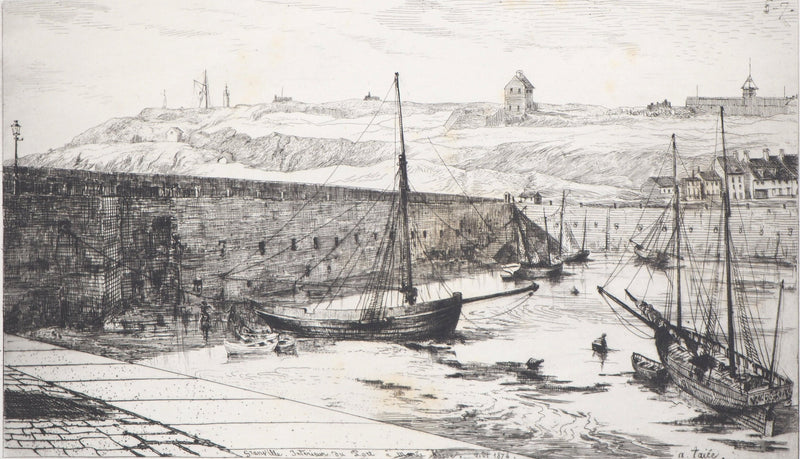 Alfred TAIEE : Granville, intérieur du port à marée basse - Gravure
