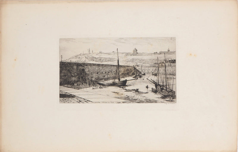 Alfred TAIEE : Granville, intérieur du port à marée basse - Gravure (détail)