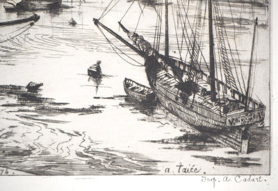 Alfred TAIEE : Granville, intérieur du port à marée basse - Gravure (détail)