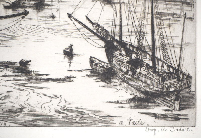 Alfred TAIEE : Granville, intérieur du port à marée basse - Gravure (détail)