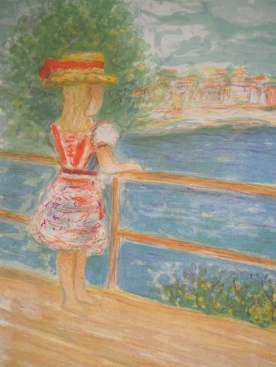 Kostia TERECHKOVITCH : Bretagne, Petite fille regardant un phare - Lithographie (détail)