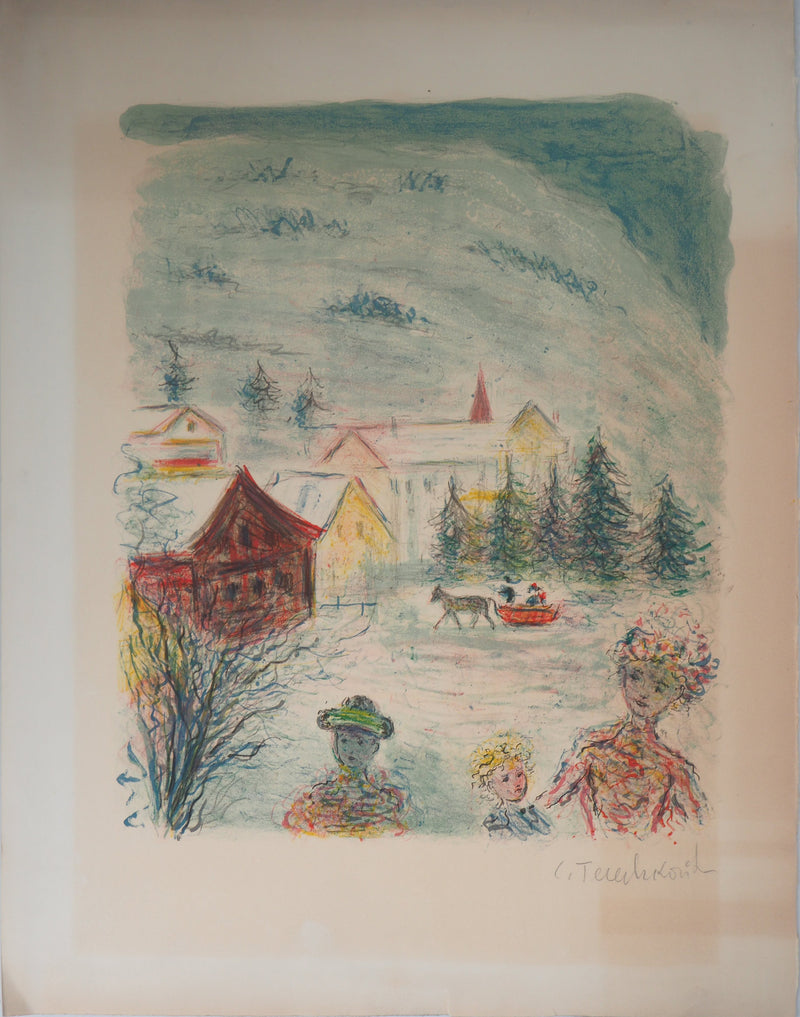 Kostia TERECHKOVITCH : Famille, Sortie en hiver - Lithographie