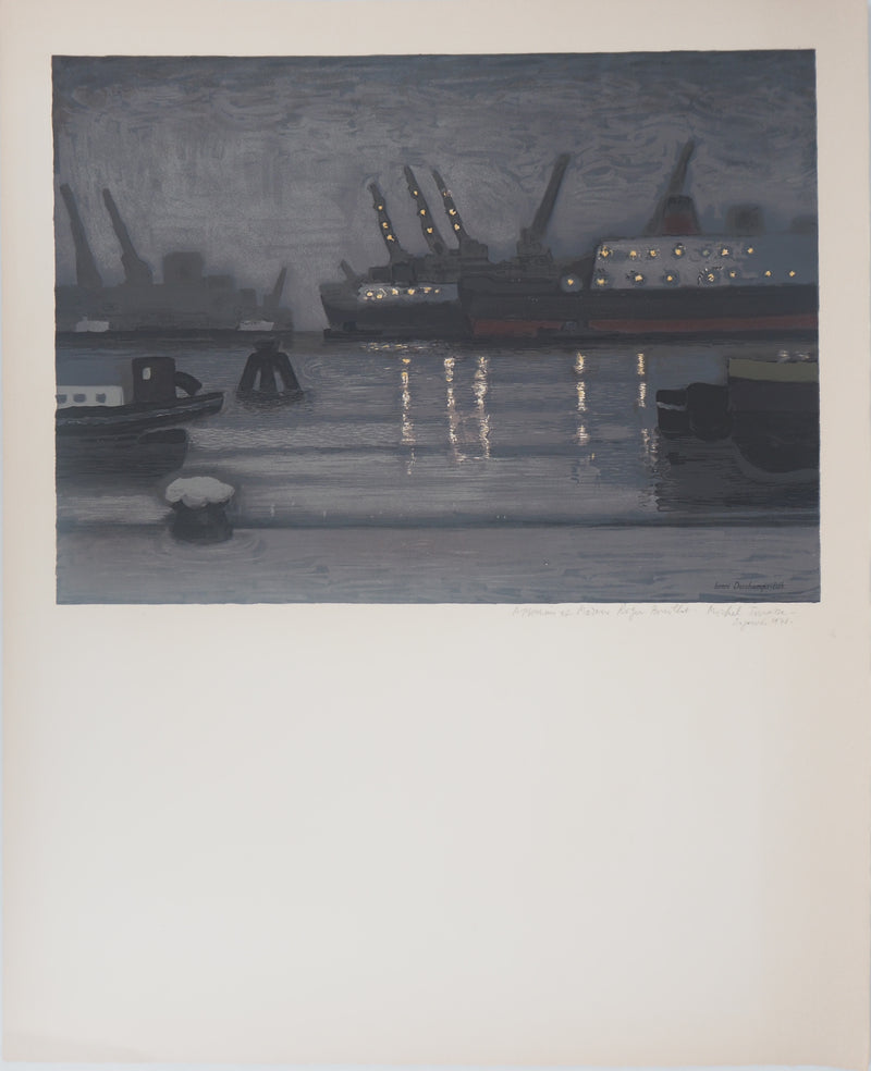 Michel TERRASSE : Port à la nuit tombée, 1971 - Lithographie