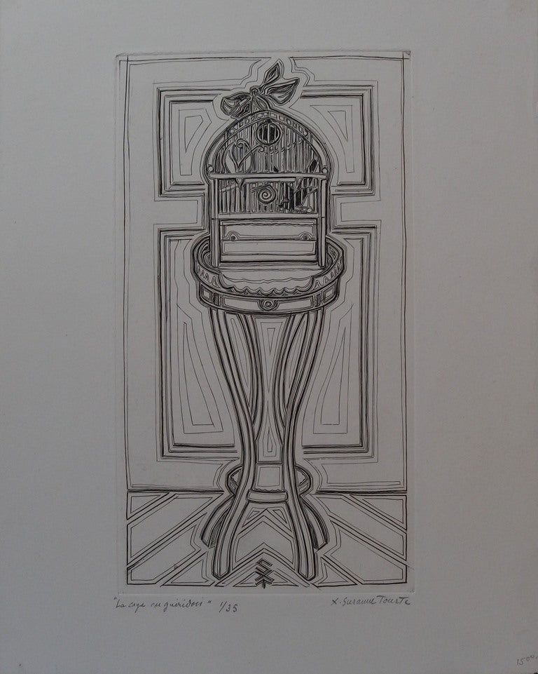 Suzanne TOURTE : La cage au guéridon - Gravure