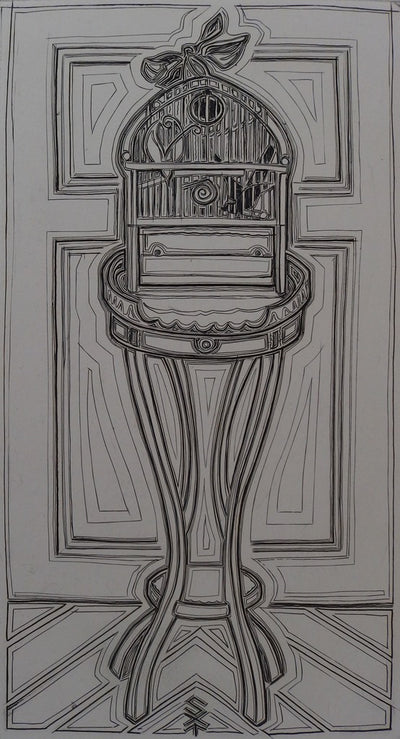 Suzanne TOURTE : La cage au guéridon - Gravure (détail)